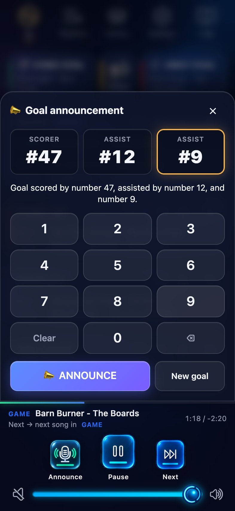 Goal announcement number pad with scorer 47 and assists 12 and 9